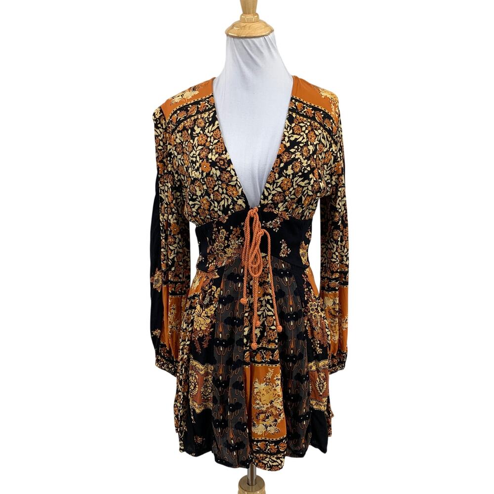 Free People Dress Womens S Small Cedar Black Mixin It Up Mini Tie Front Floral